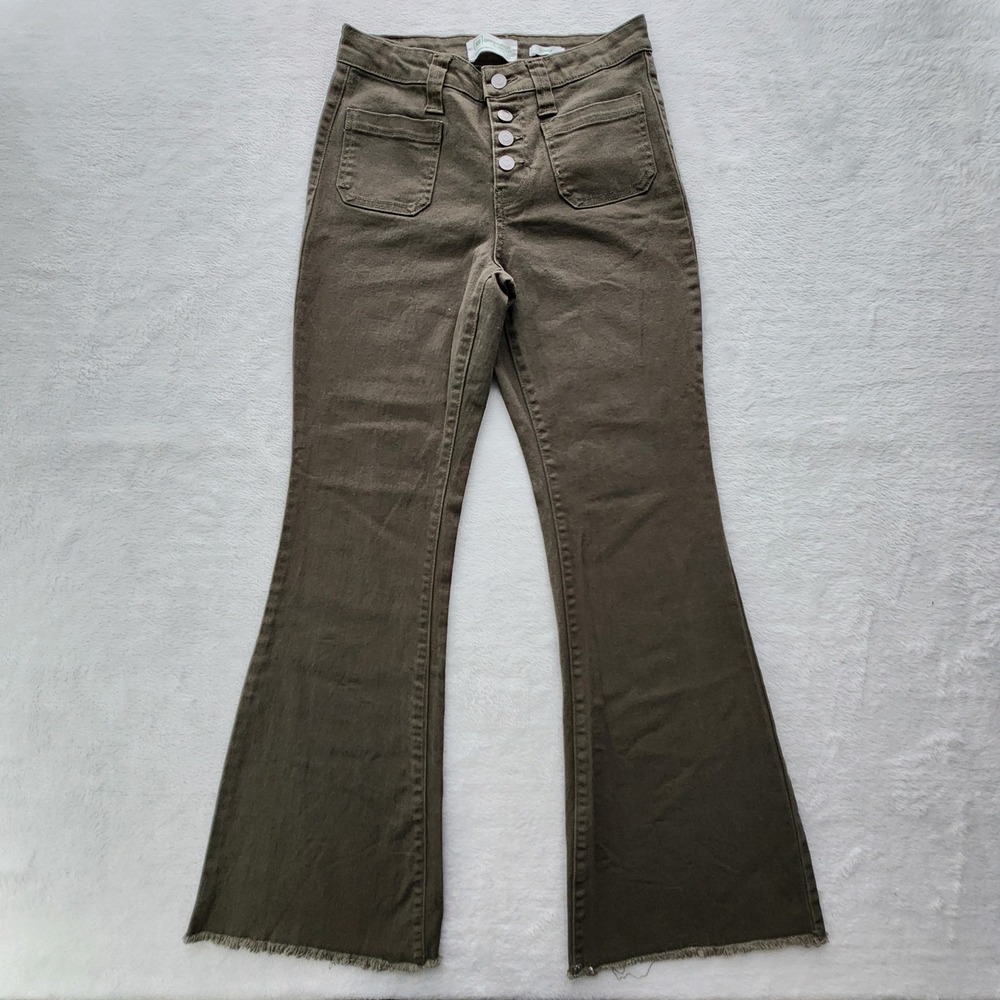 RE Generation Flare Jeans Womens 28W 30.5L Olive‎ Button Fly Raw Hem Wide Leg